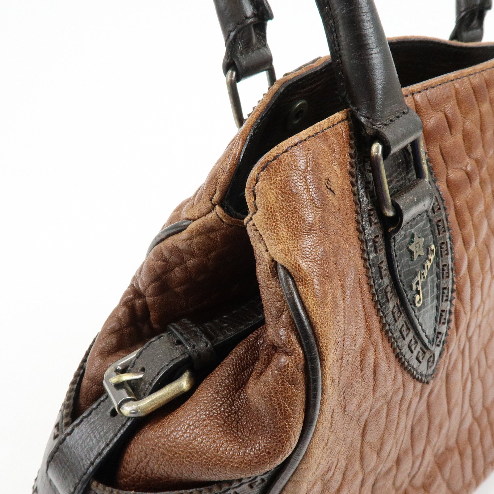 FENDI Ethnico Leather Tote Bag Shoulder Bag Hand Bag Brown 8BN162