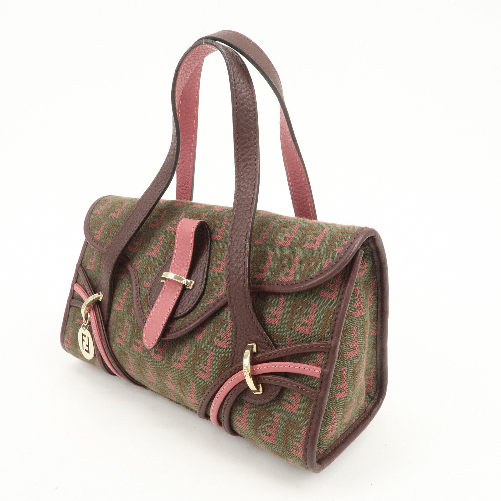 FENDI Zucchino Logo Canvas Leather Hand Bag Brown Pink 8BN147