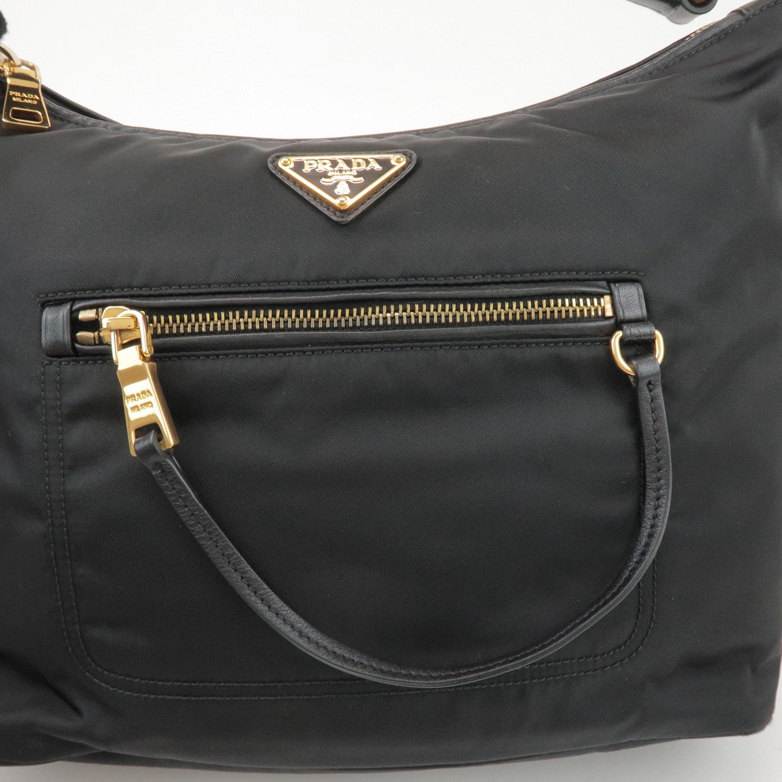 PRADA Triangle Logo Nylon Leather Shoulder Bag Black