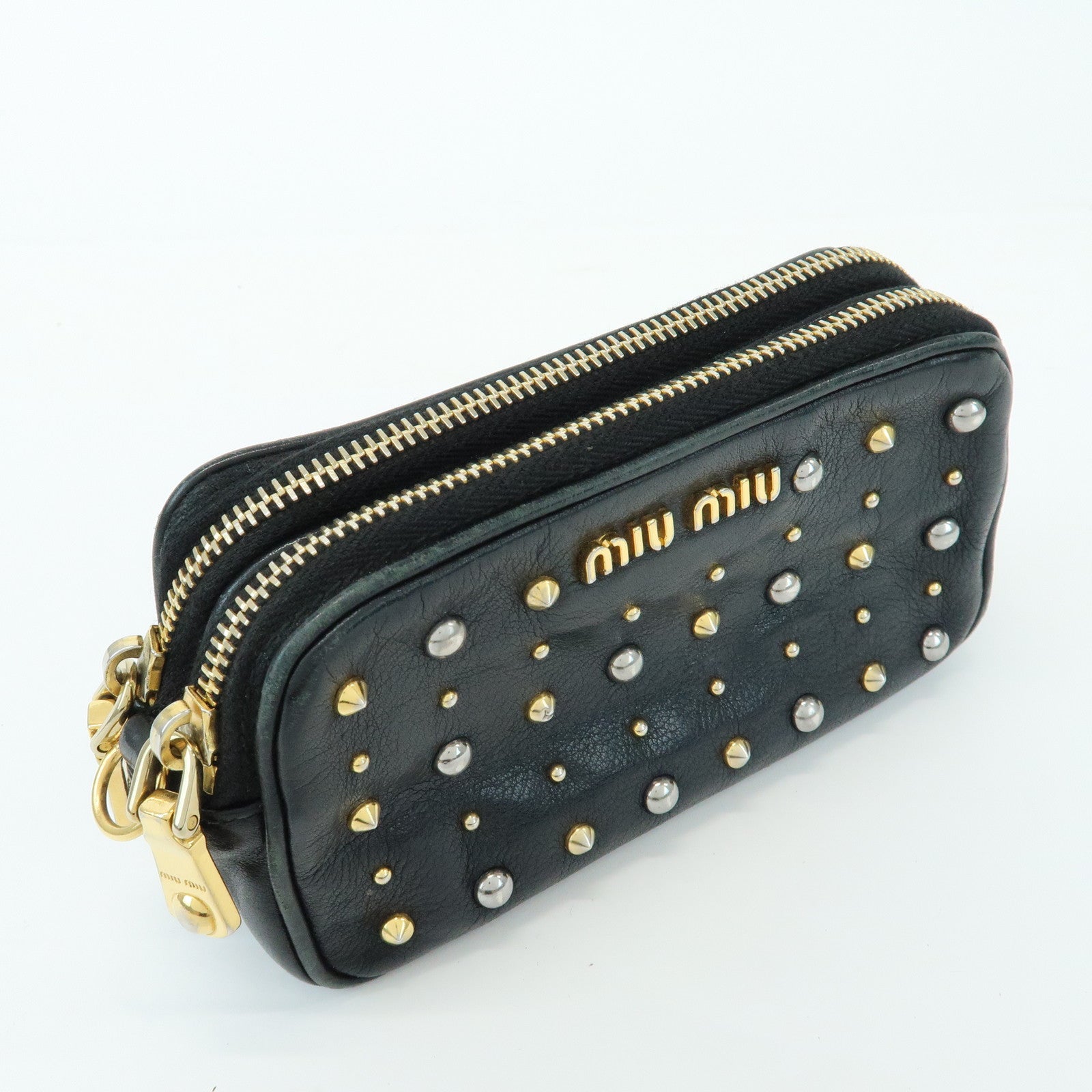 MIU MIU Lamb Skin Studs Cosmetic Pouch Accessoires Pouch Black
