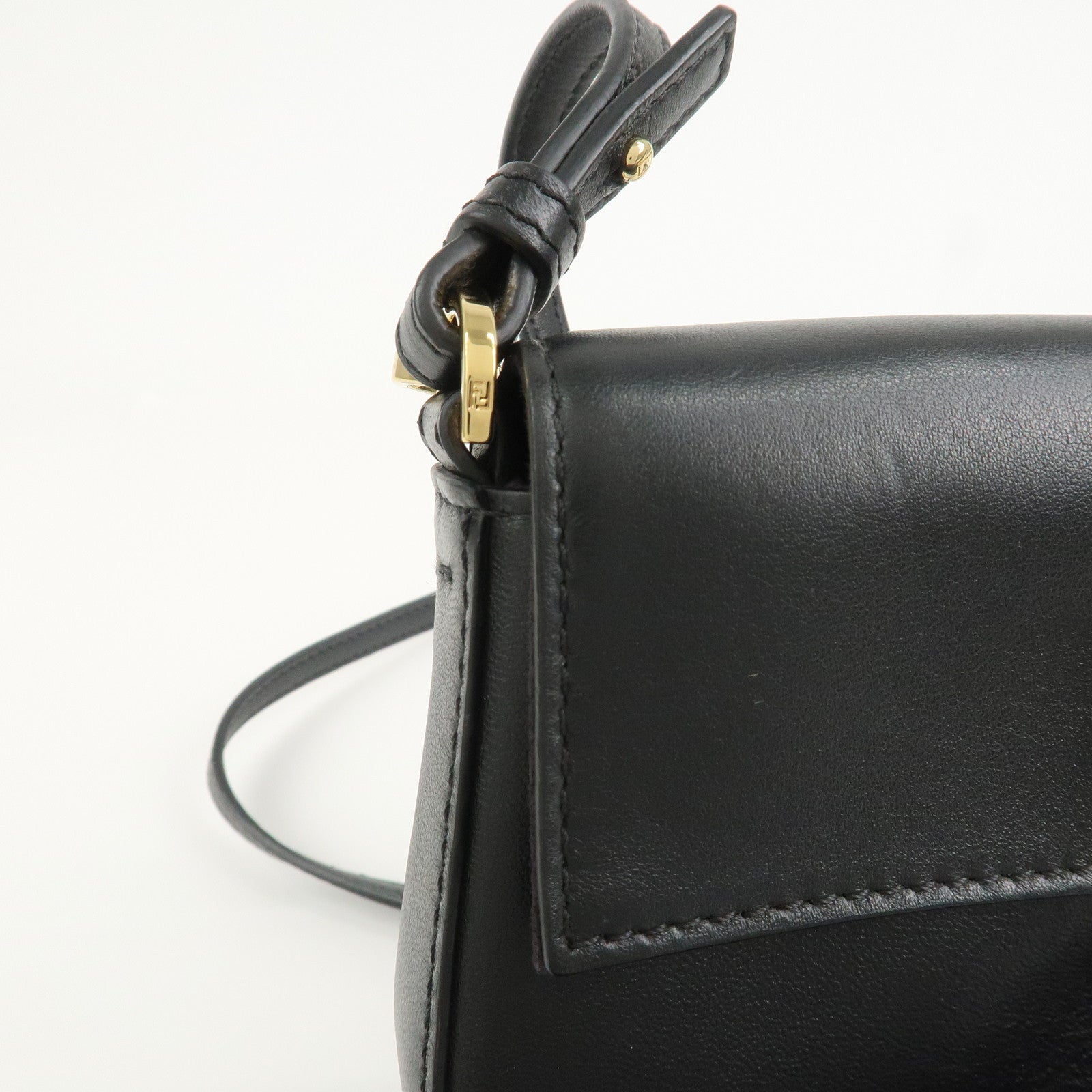 FENDI Leather Micro Baguette Shoulder Crossbody Bag Black 8M0354