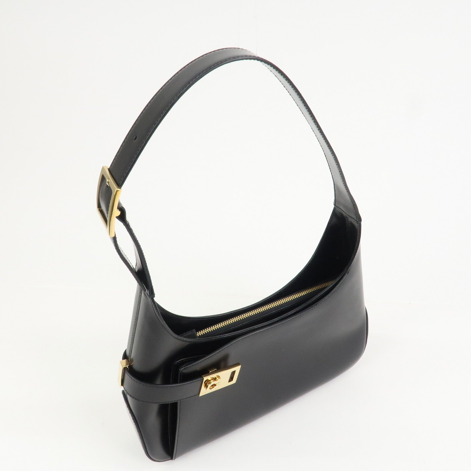 Ferragamo Gancini Logo Leather Shoulder Bag Hand Bag Black