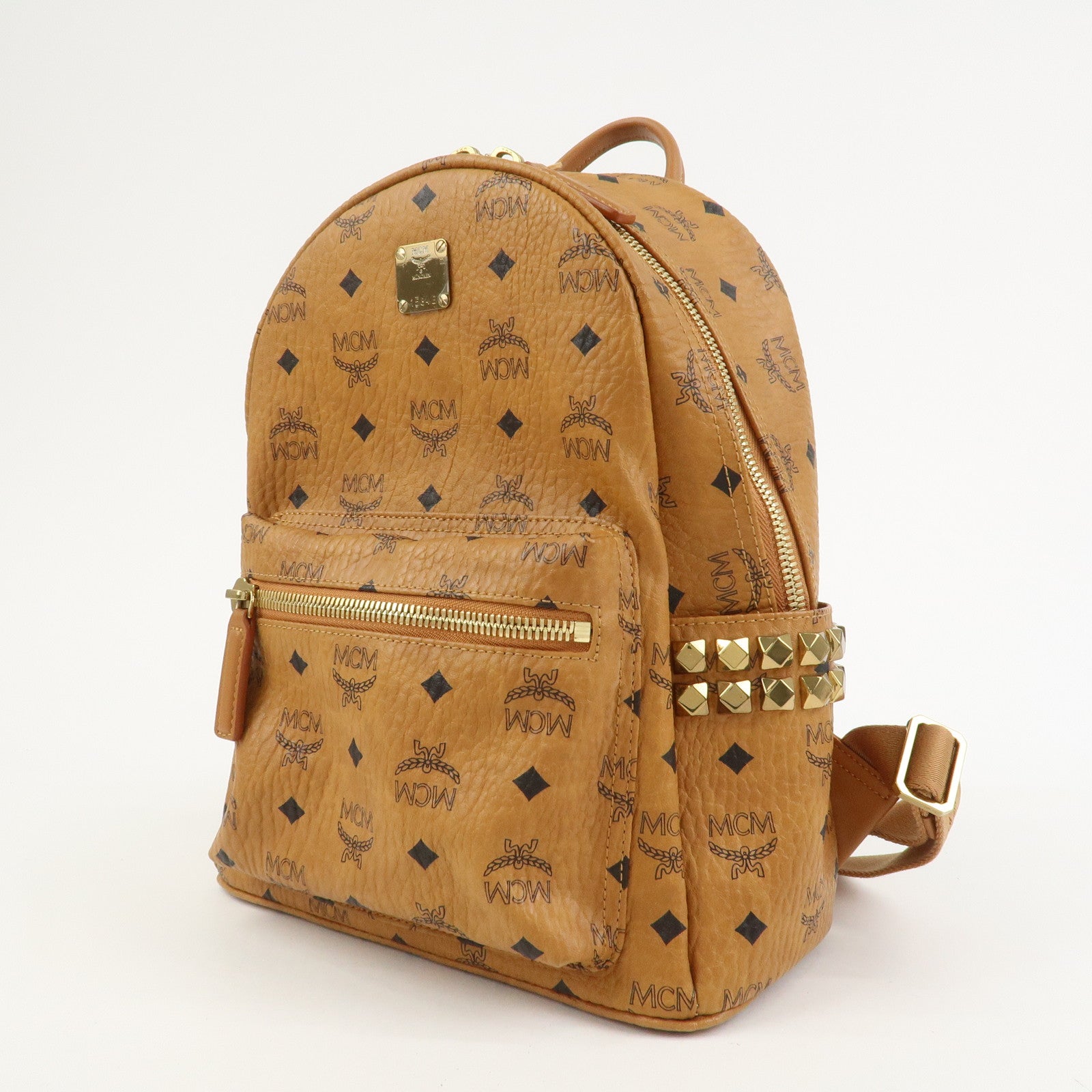 MCM Visetos PVC Leather Backpack Rucksack Studs Cognac