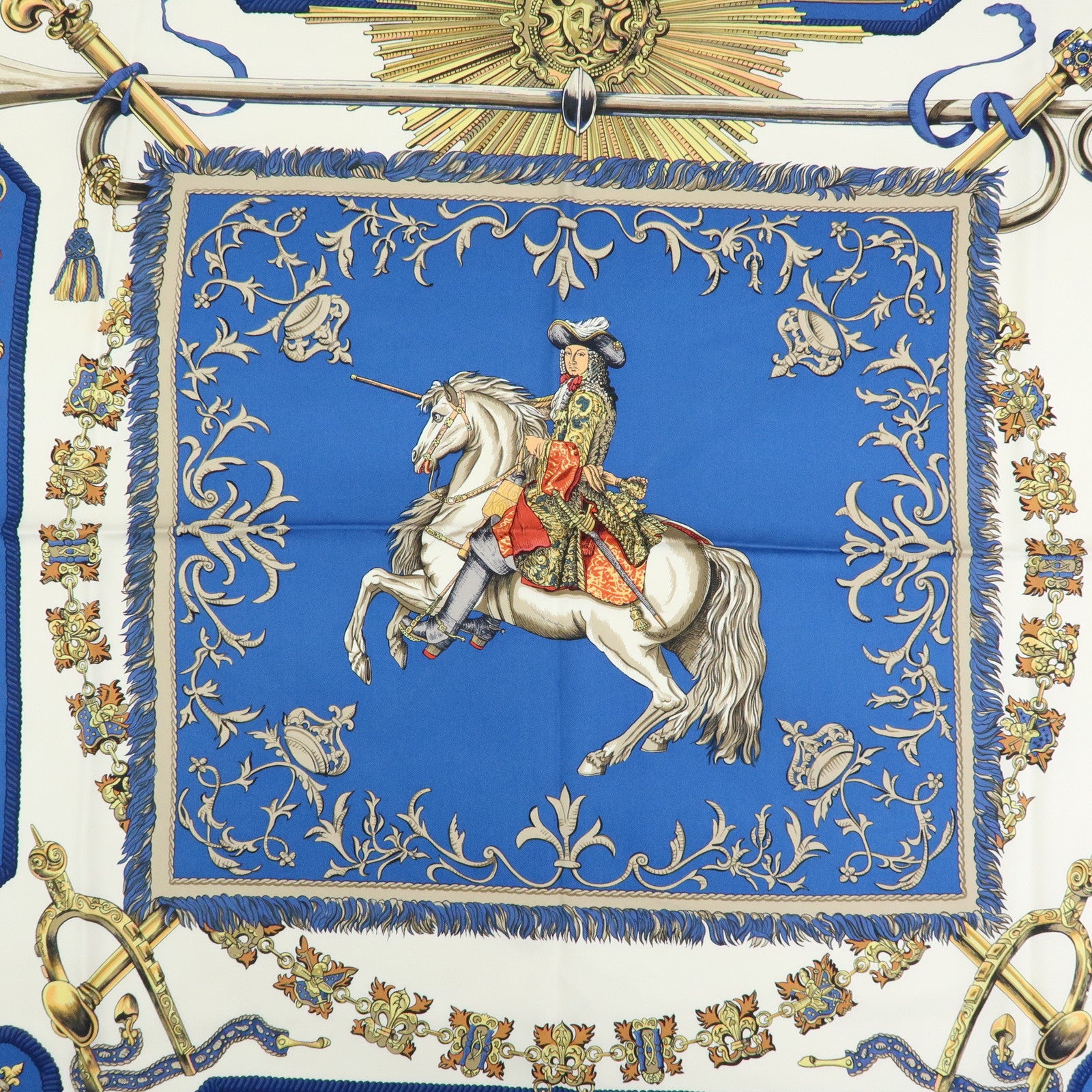 HERMES Carre 90 Silk 100% LVDOVICVS MAGNVS Scarf Blue Gold
