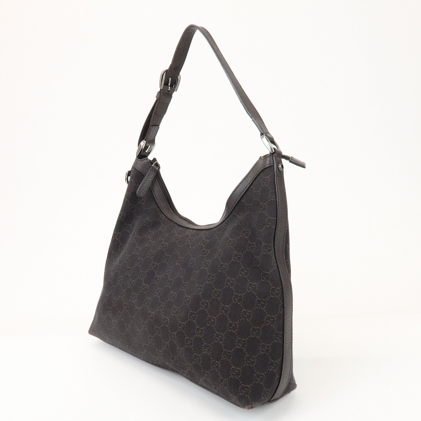 GUCCI Interlocking G Leather GG Denim Shoulder Bag Brown 339553