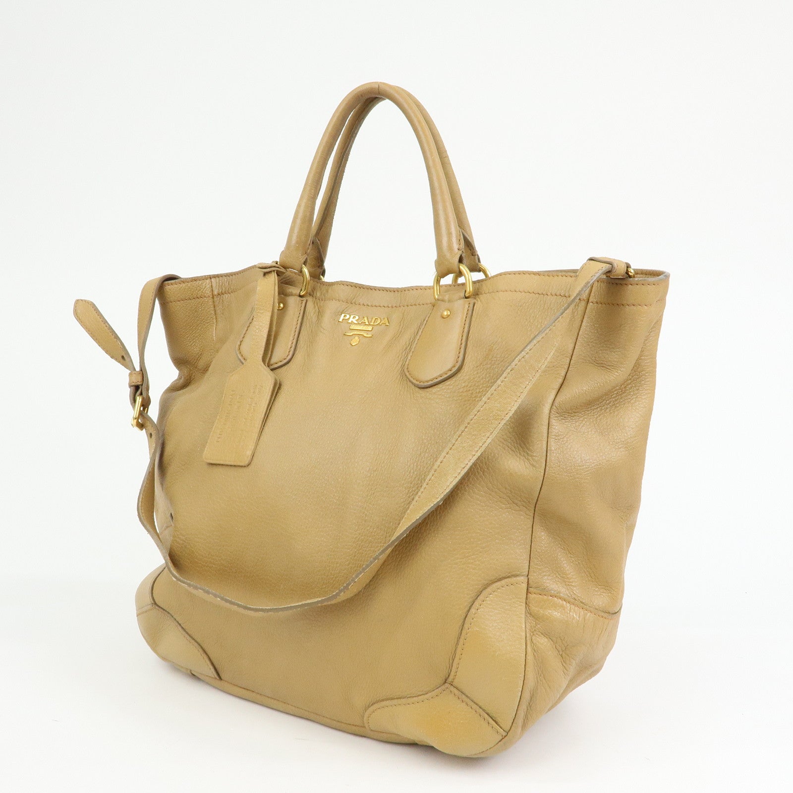 PRADA Calf Leather 2Way Bag Hand Bag Shoulder Bag Beige