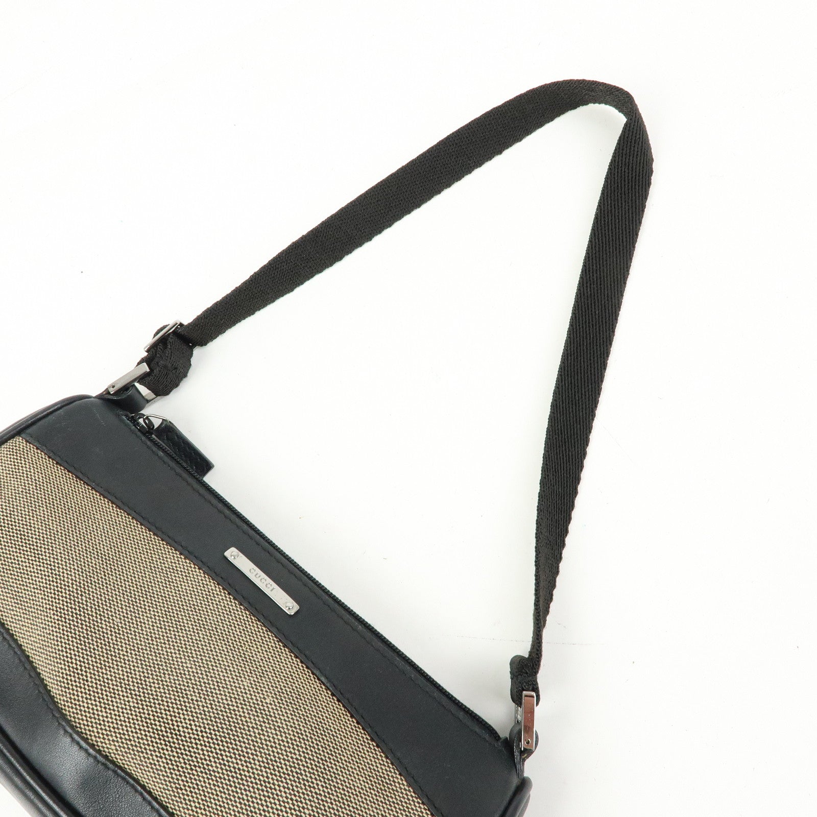 GUCCI Logo Canvas Leather Small Hand Bag Black Beige 92820