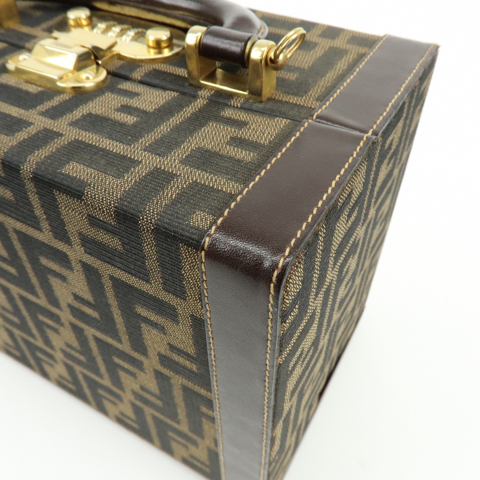 FENDI Zucca Canvas Leather Hand Bag Jewelry Box Brown Black