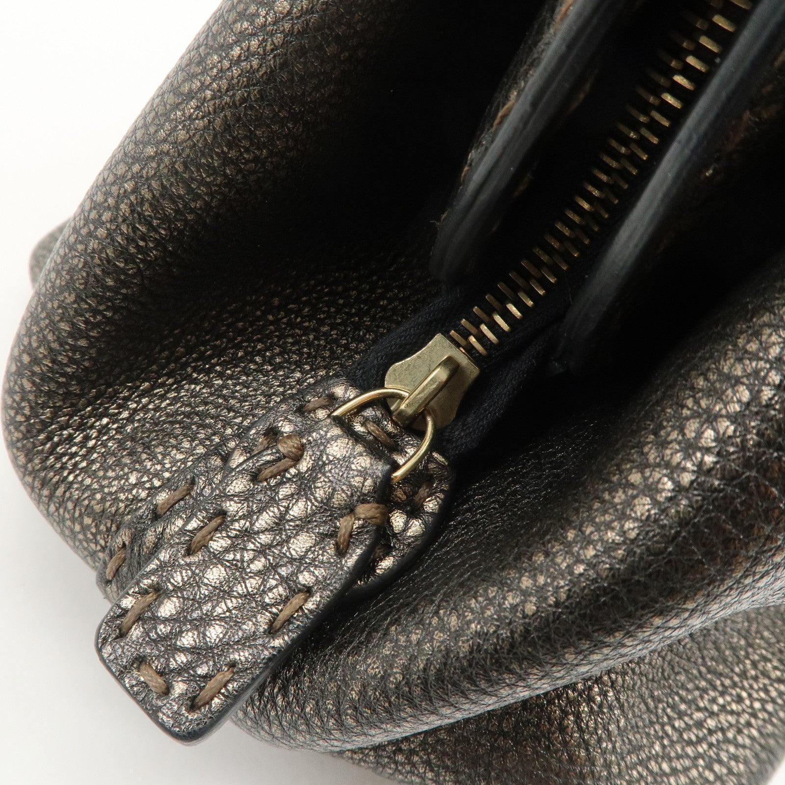 FENDI Selleria Leather Boston Bag Hand Bag Metallic Black 8BN127