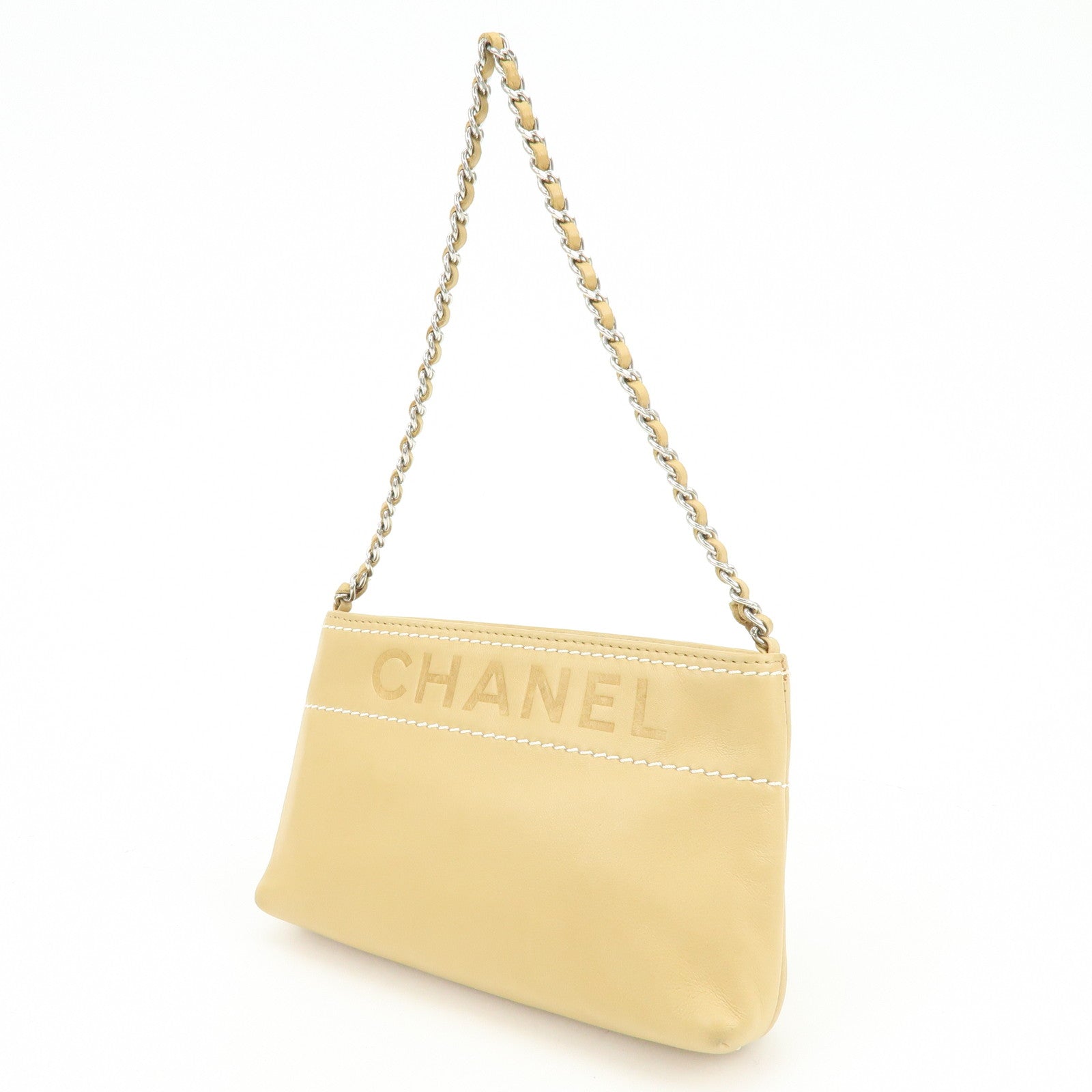 CHANEL Logo Lamb Skin Hand Bag Beige