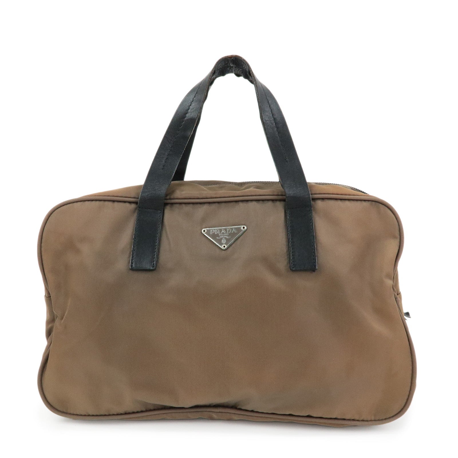 PRADA Triangle Logo Nylon Leather Hand Bag Brown Black