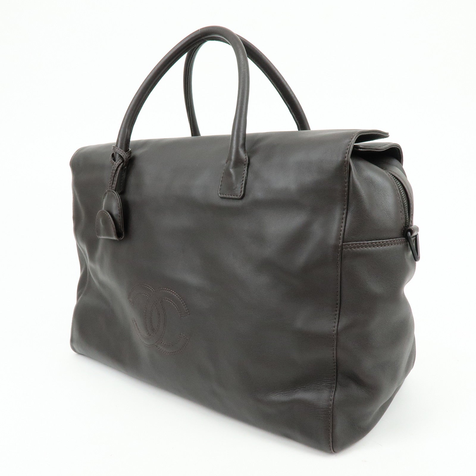 CHANEL COCO Mark Calf Skin Boston Bag Travel Bag Dark Brown