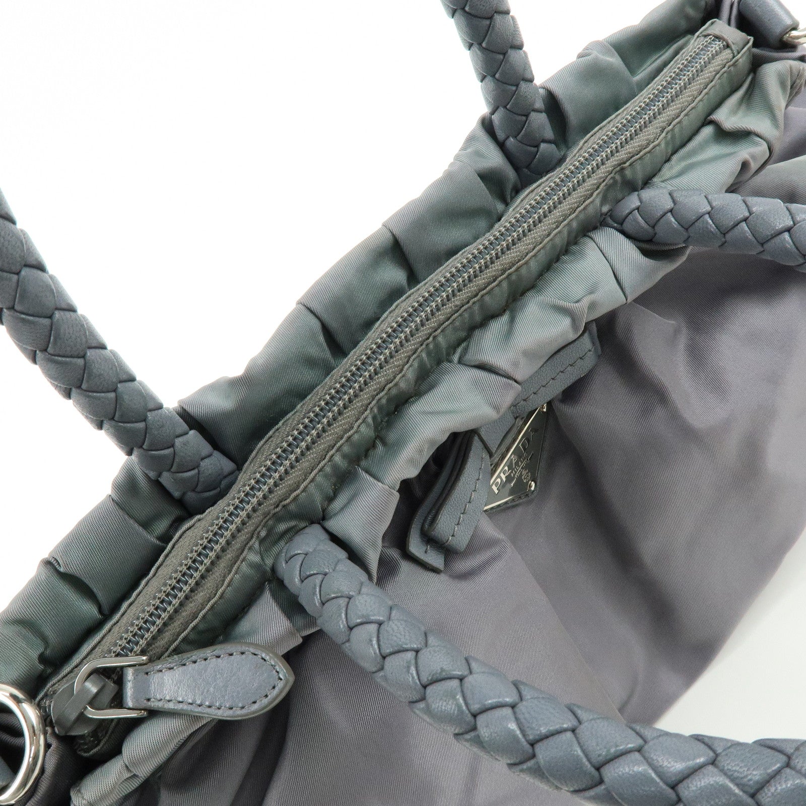 PRADA Nylon Leather 2Way Gathered Ribbon Hand Shoulder Bag Gray