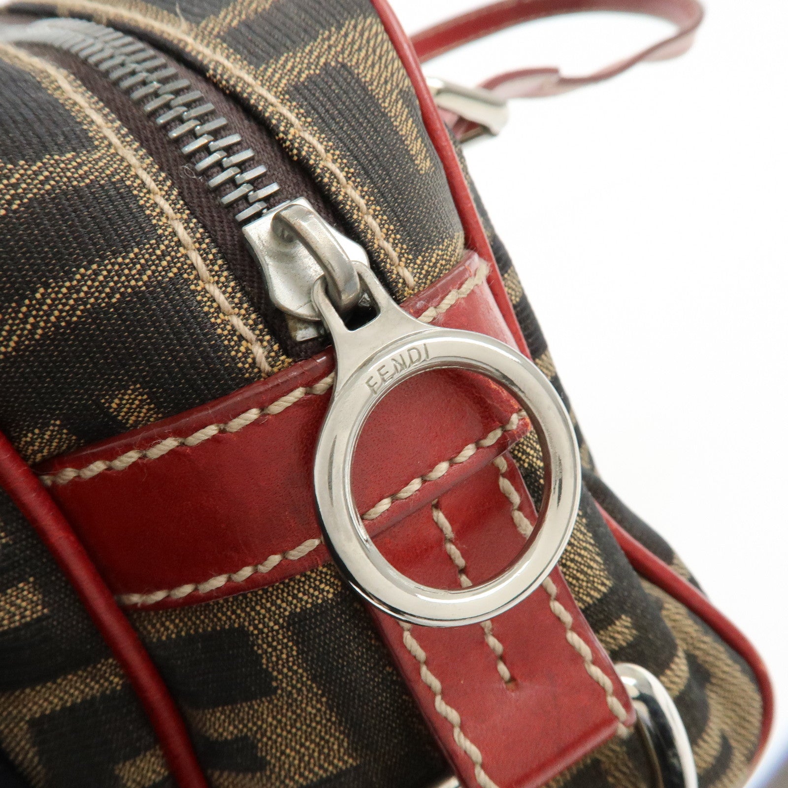 FENDI Zucca Canvas Leather Mini Boston Hand Bag Brown Red 8BR119