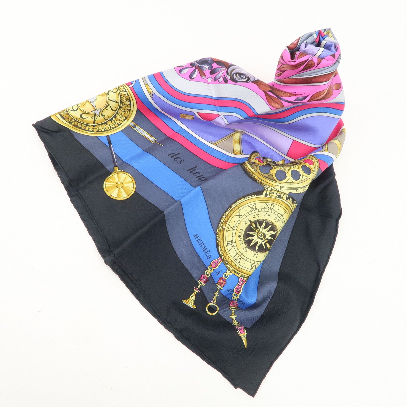 HERMES Carre 90 Silk 100% Scarf Parmi les fleurs je compte les heures Black