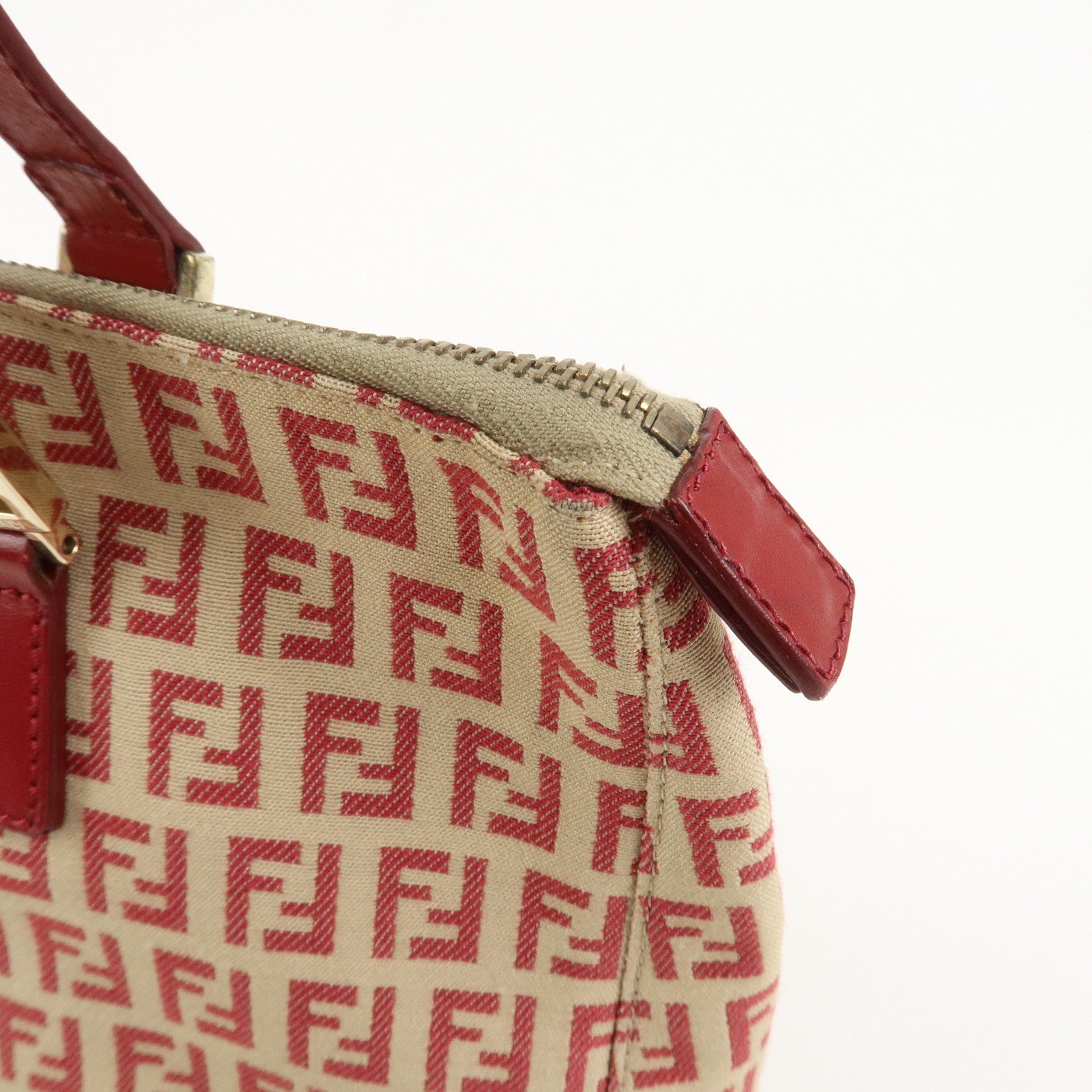 FENDI Zucchino Canvas Leather Tote Bag Hand Bag Beige Red 8BH134