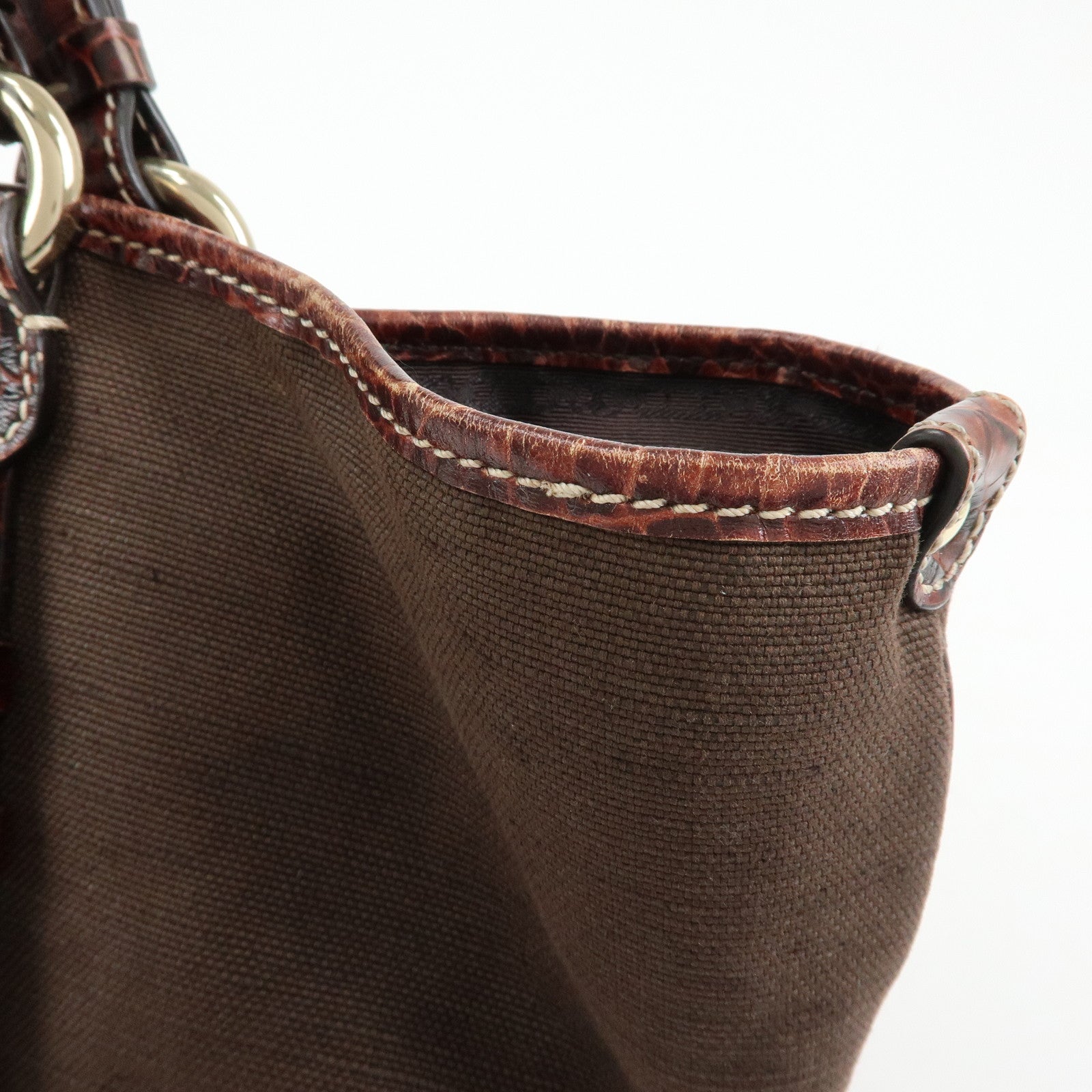 CELINE Logo Canvas Embossed Leather Tote Bag Hand Bag Brown