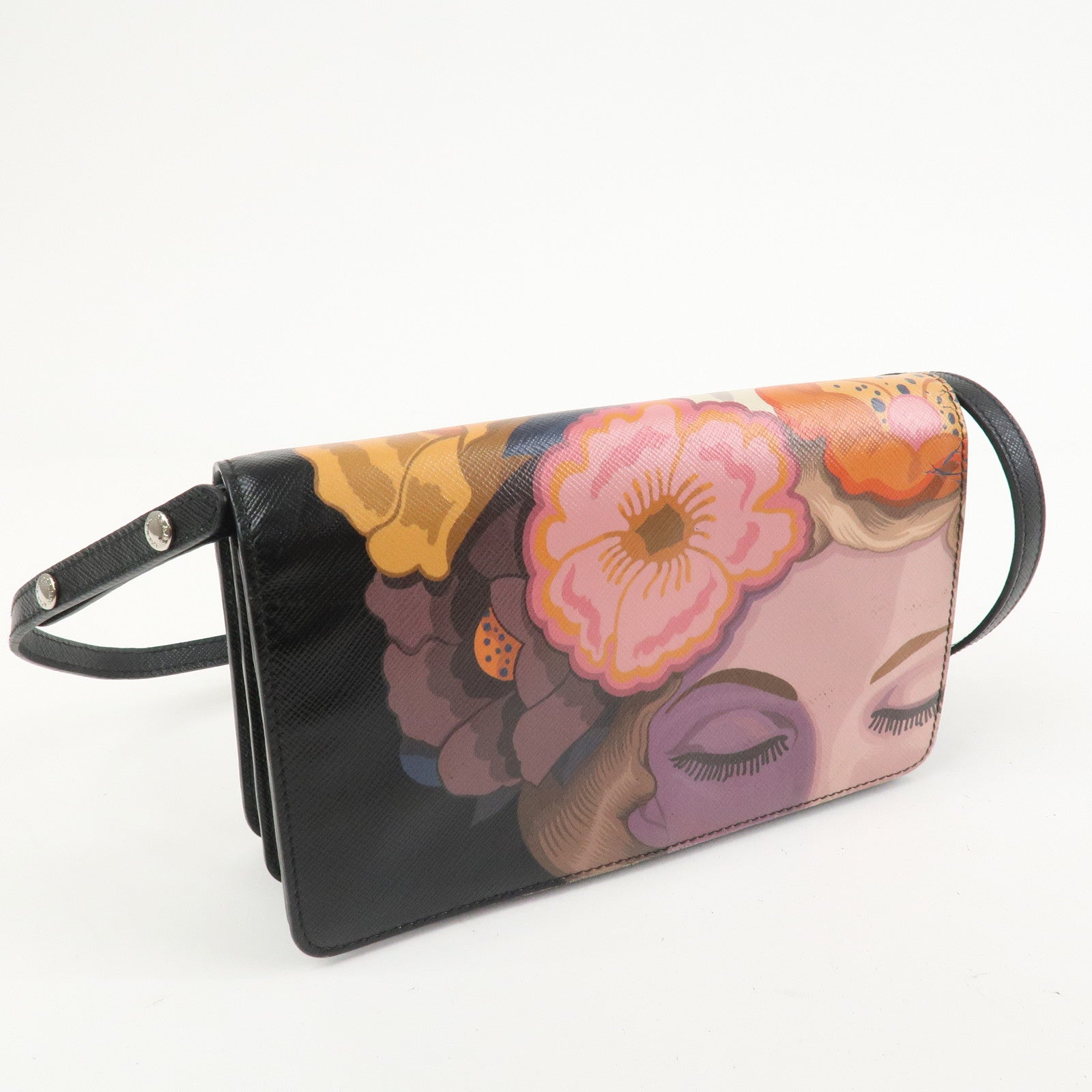 PRADA Flower Print Saffiano Leather Shoulder Bag Hand Bag Black