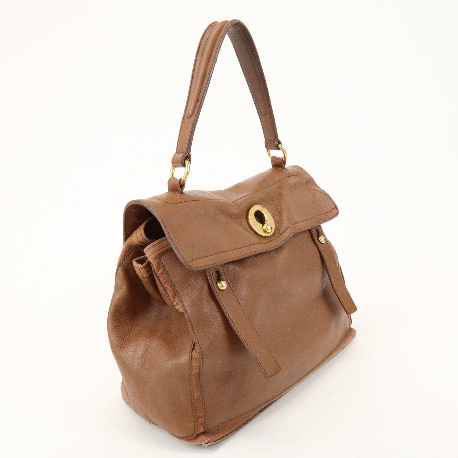 SAINT LAURENT PARIS Muse Two Leather Canvas Hand Bag Brown 229680