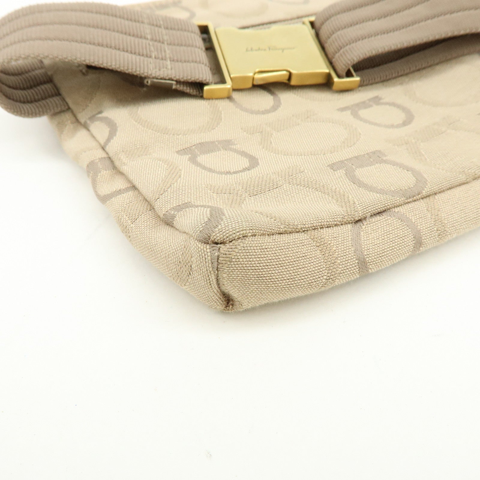 Ferragamo Gancini Canvas Leather Body Bag Waist Bag Beige