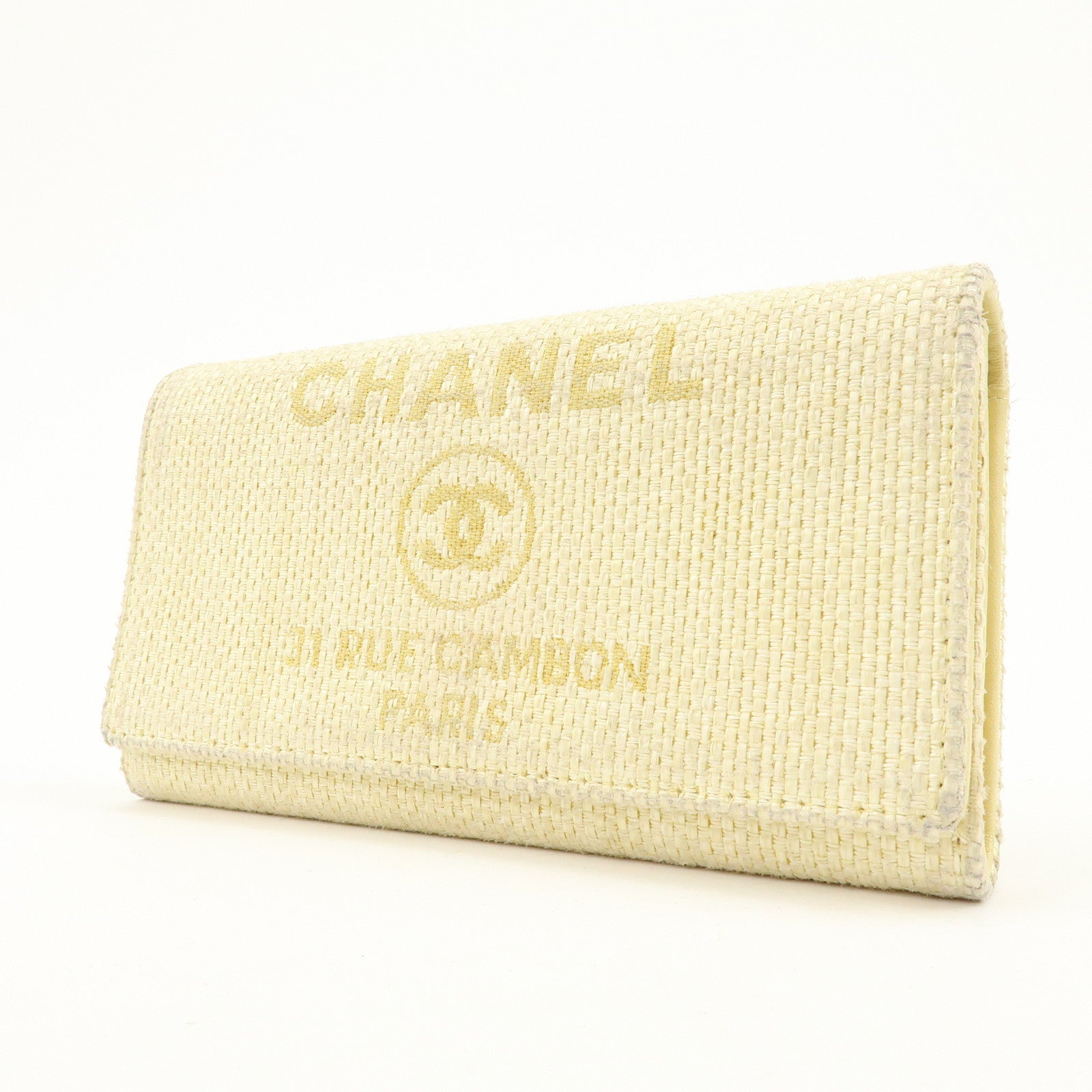 CHANEL Deauville COCO Mark Raffia Leather Long Wallet Yellow