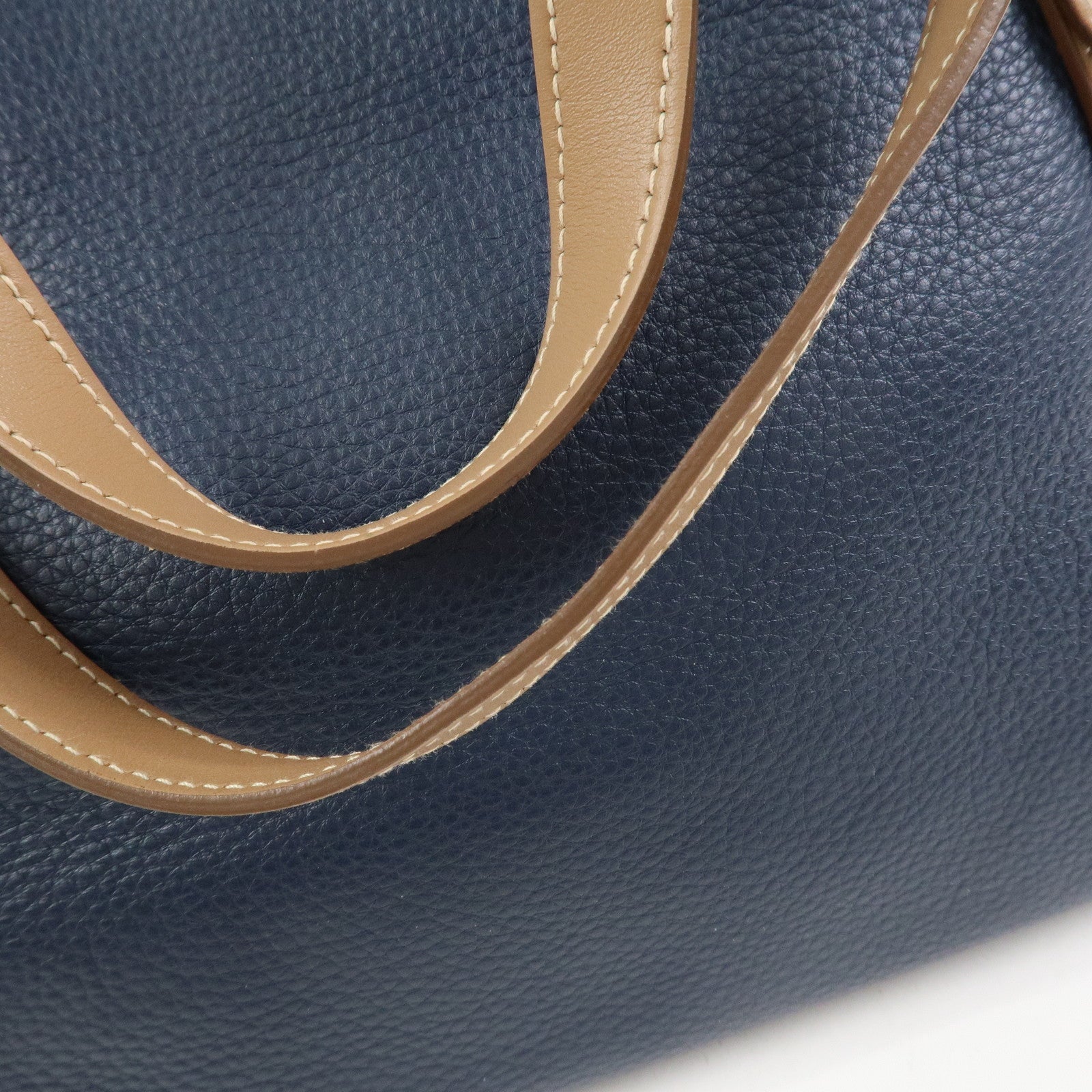 PRADA Logo Leather Tote Bag Shoulder Bag Navy Light Brown 1BG064