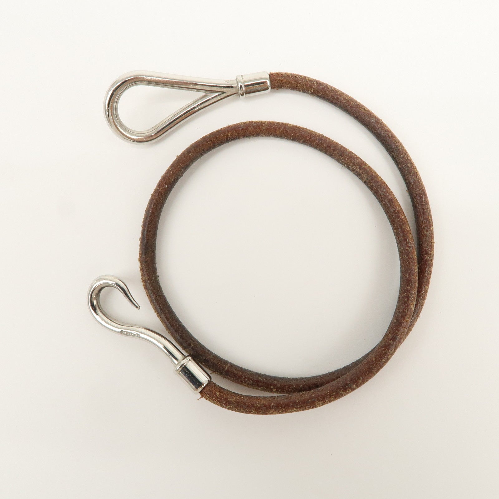 HERMES Leather Metal Jumbo Choker Bracelet Brown Silver