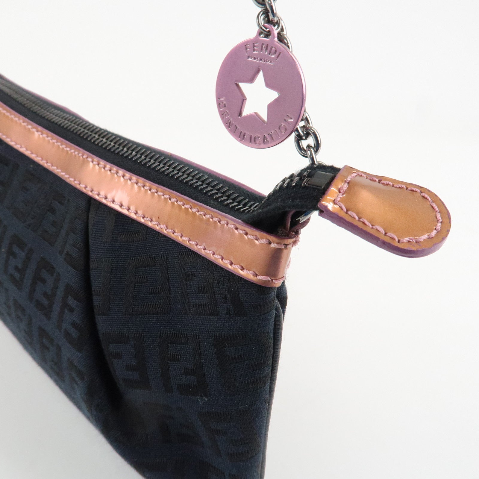 FENDI Zucchino Canvas Leather Chain Hand Bag Black Pink 8BR594 Used
