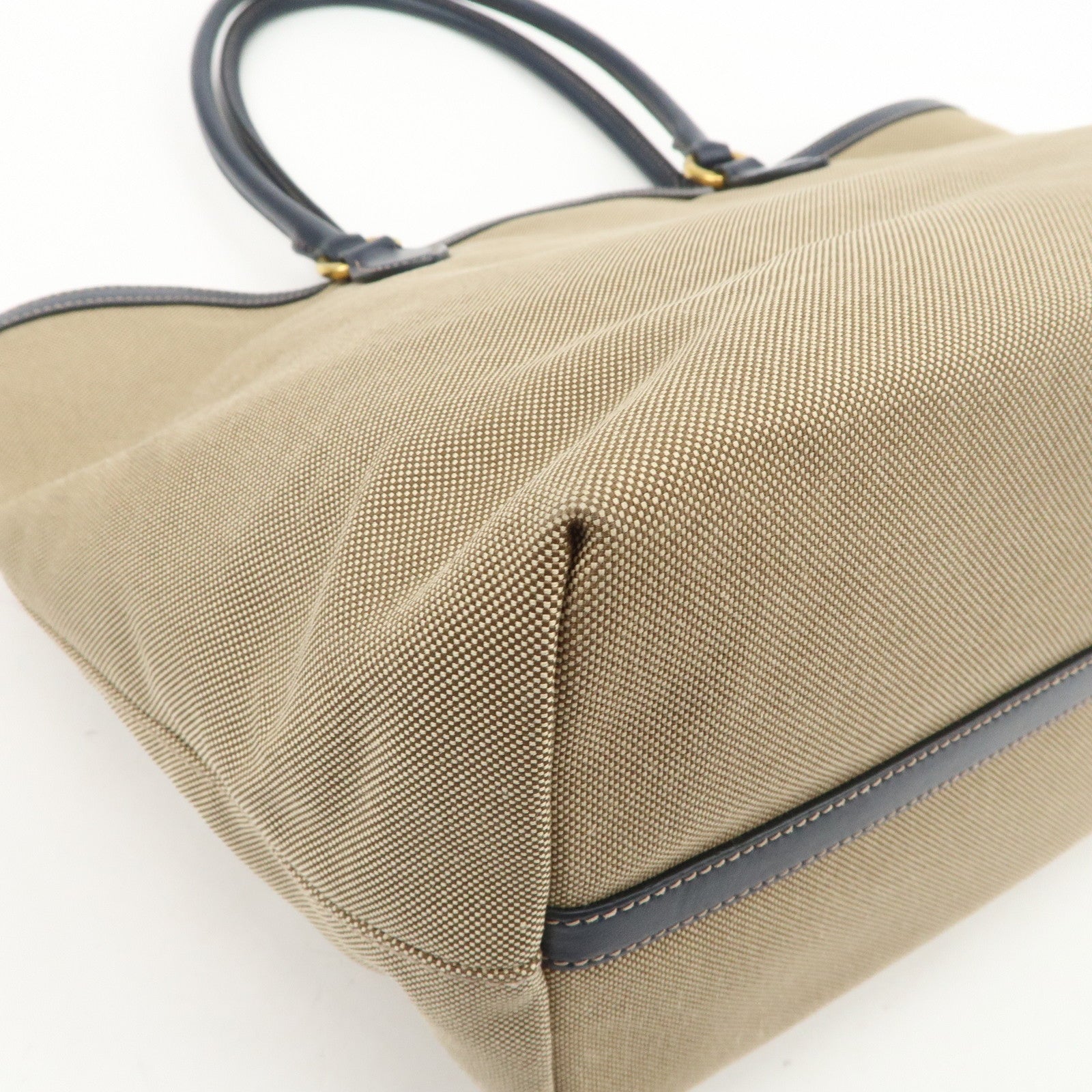 PRADA Logo Jacquard Leather Tote Bag Shoulder Bag Beige 1BG158