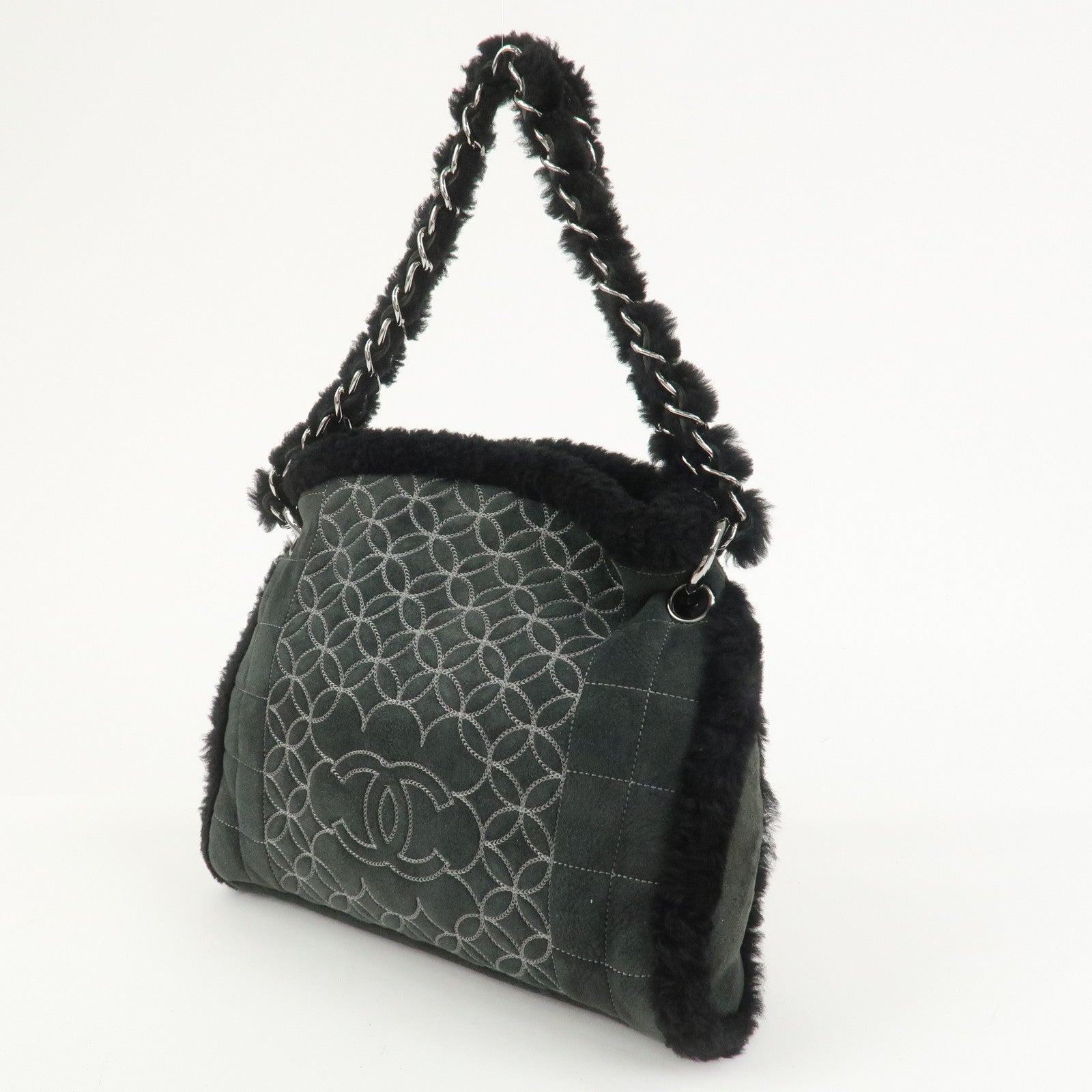 CHANEL Mouton Leather Chain Shoulder Bag Hand Bag Black Silver