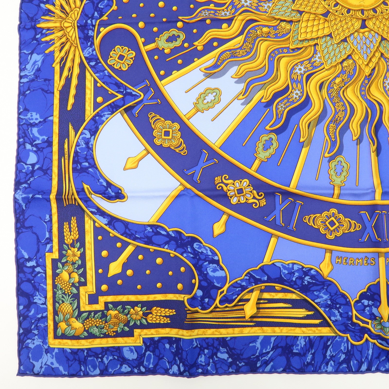 HERMES Carre 90 Silk 100% Scarf CARPE DIEM Blue Yellow