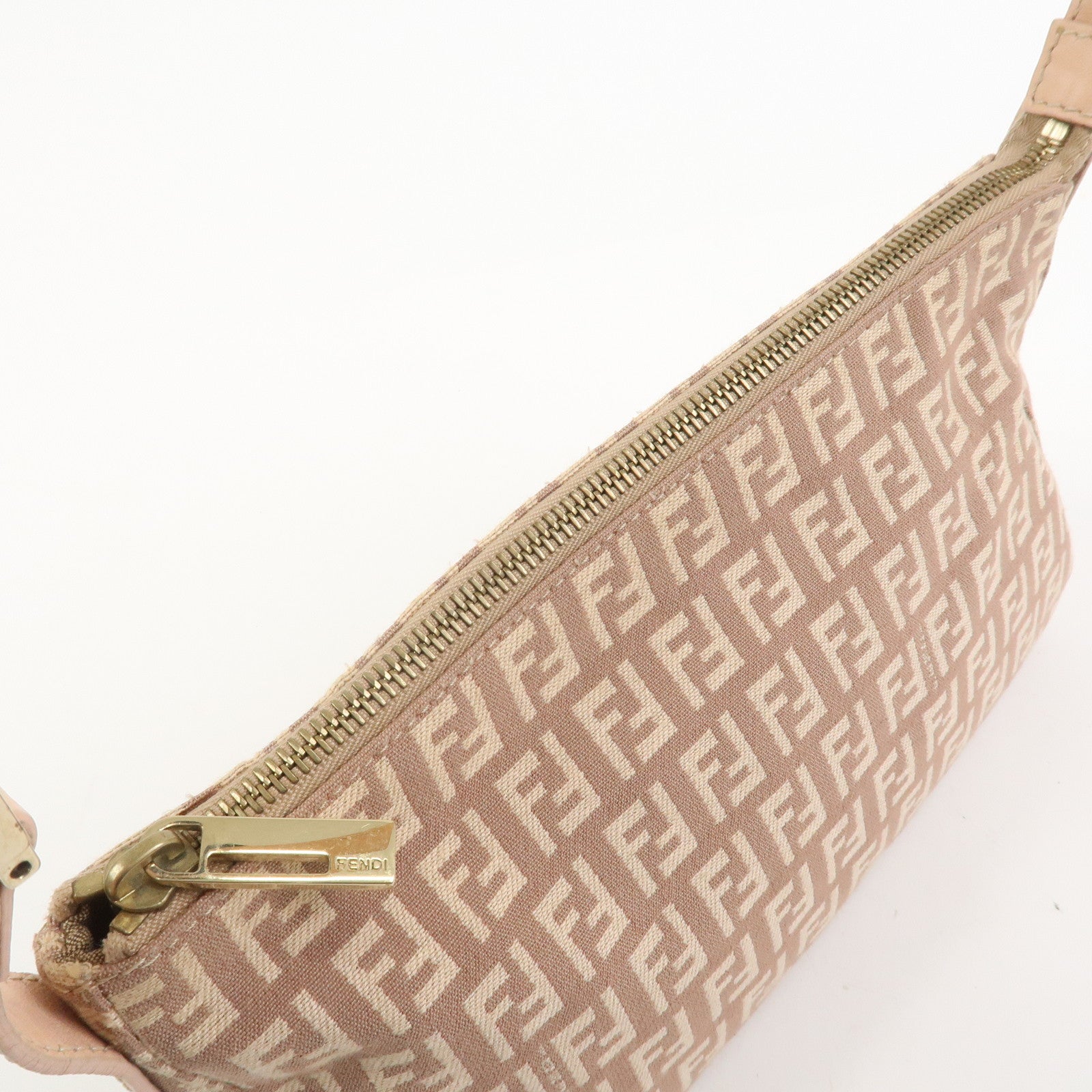 FENDI Zucchino Canvas Leather Shoulder Hand Bag Pink Beige 8BR444