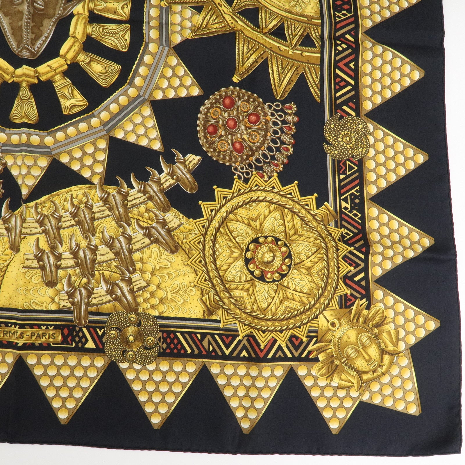 HERMES Carre 90 Silk 100% Scarf L'OR DES CHEFS Gold Black Used