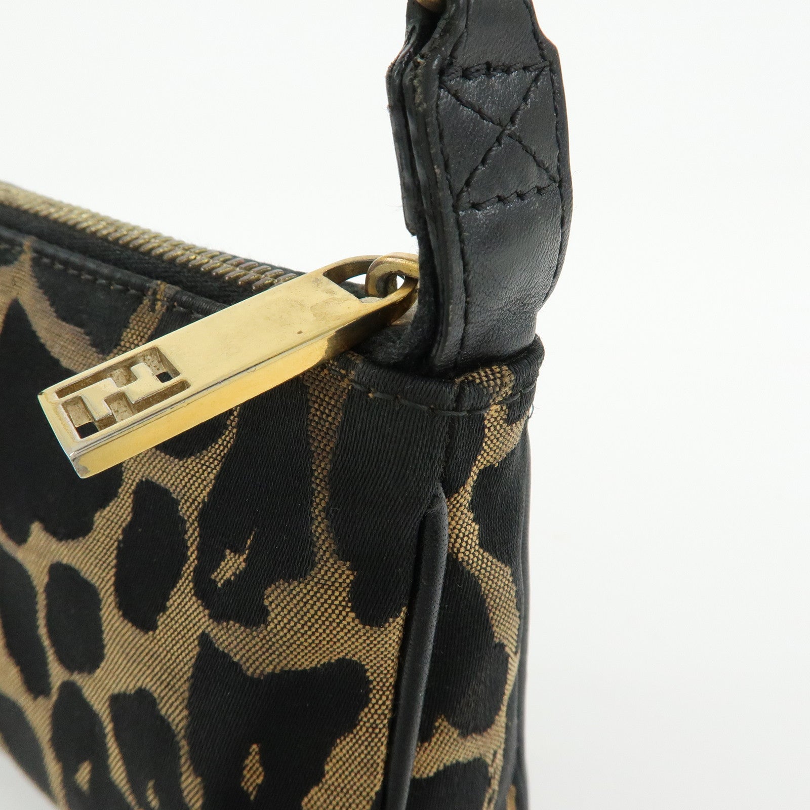 FENDI Canvas Leather Leopard Chain Hand Bag Brown Black 8M0264
