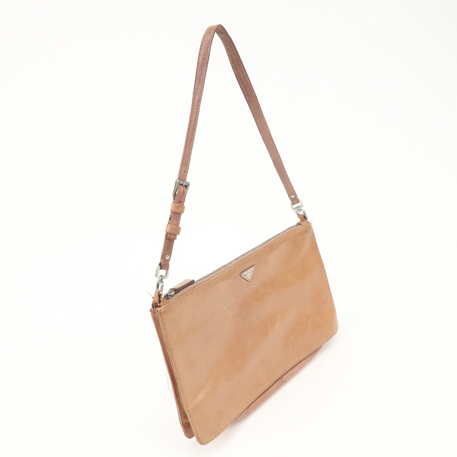 PRADA Triangle Logo Leather Shoulder Bag Hand Bag Brown Used