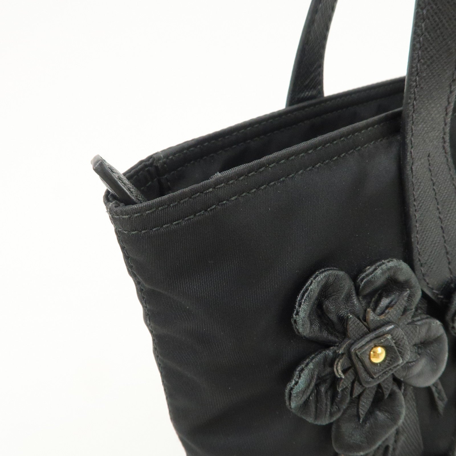 PRADA Nylon Leather Hand Bag Black Gold Hardware 1BA084