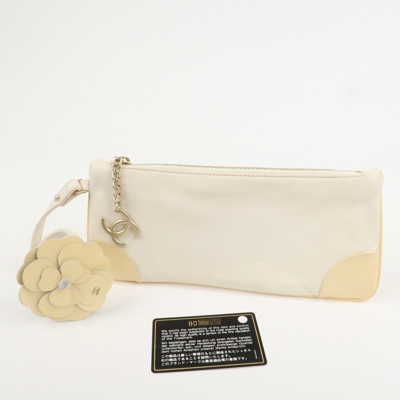 CHANEL Camellia Leather Patent Leather Clutch Bag Wrist Bag Ivory