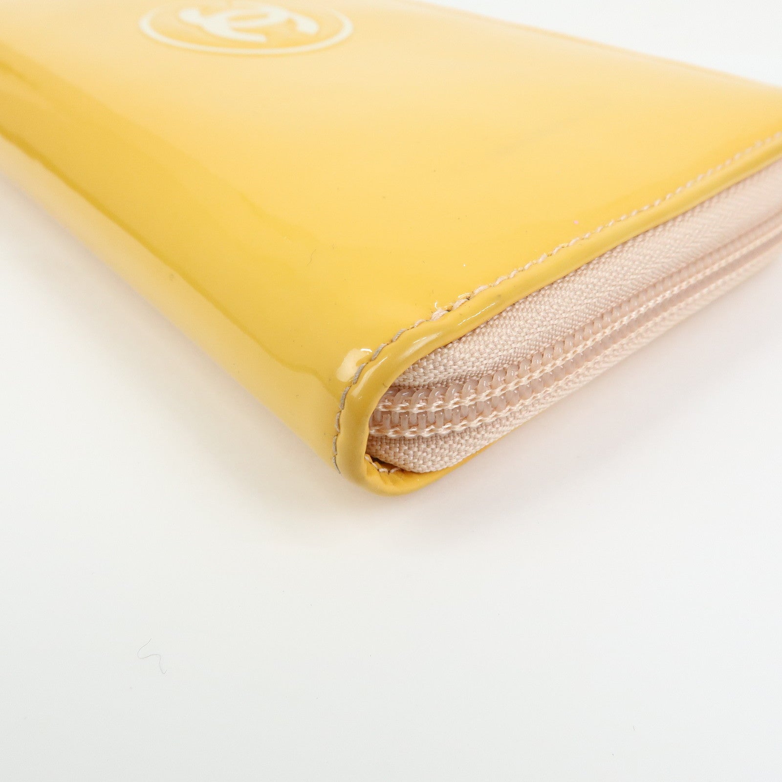 CHANEL Makeup COCO Mark Patent Leather Long Wallet Yellow