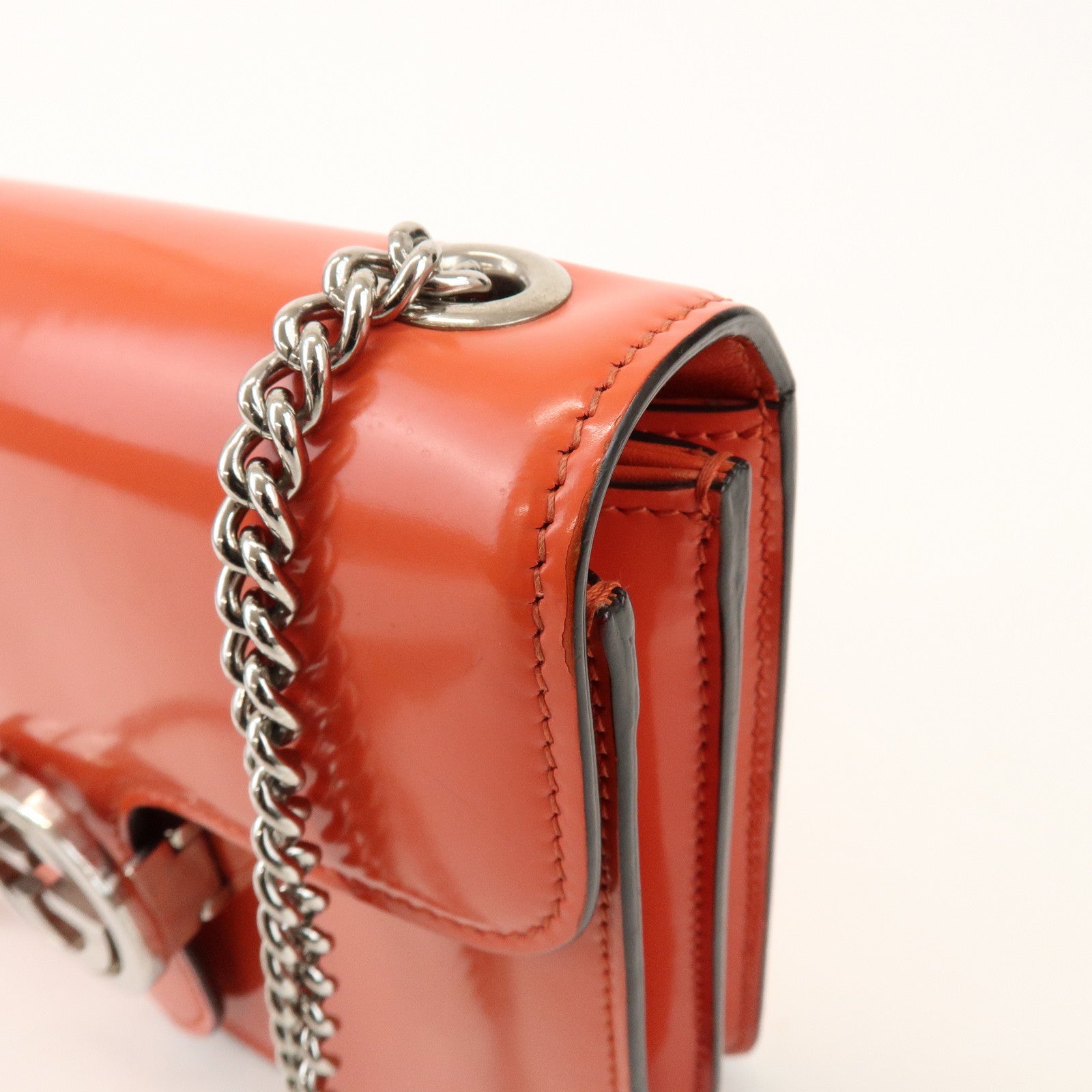 GUCCI Interlocking G Patent Leather Chain ShoulderBag Orange 387609