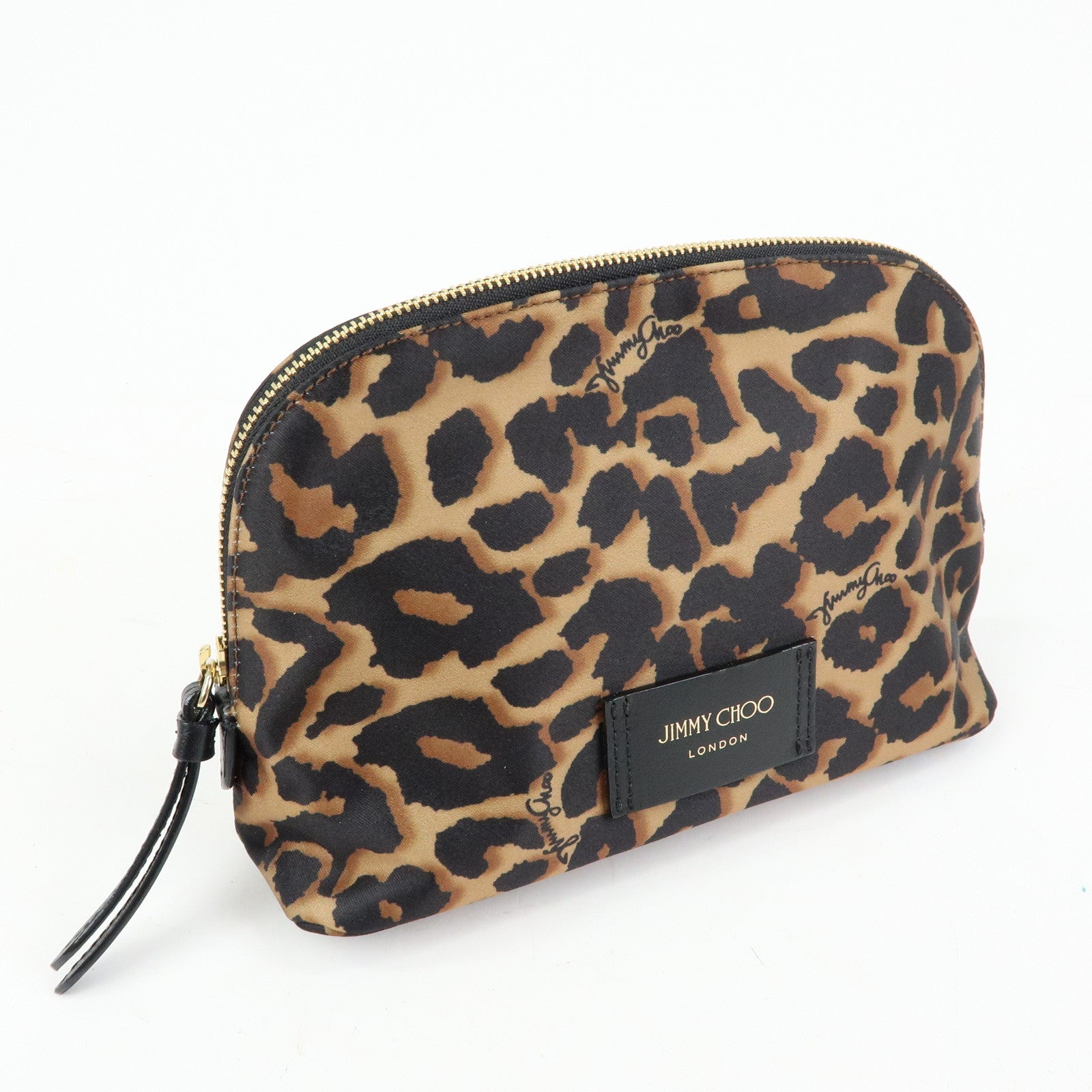JIMMY CHOO Nylon Leather Leopard Clutch Pouch Makeup Bag Brown