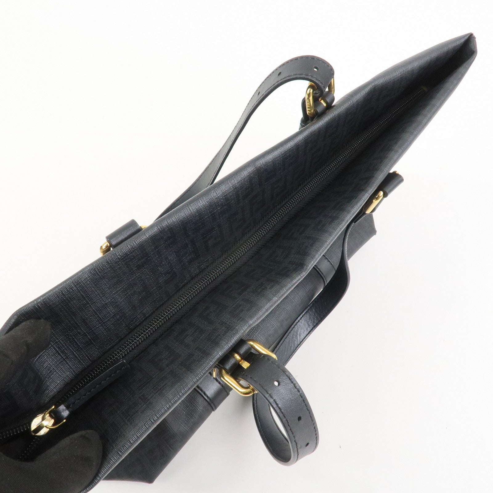 FENDI Zucchino PVC Leather Tote Bag Shoulder Bag Black 8BH215