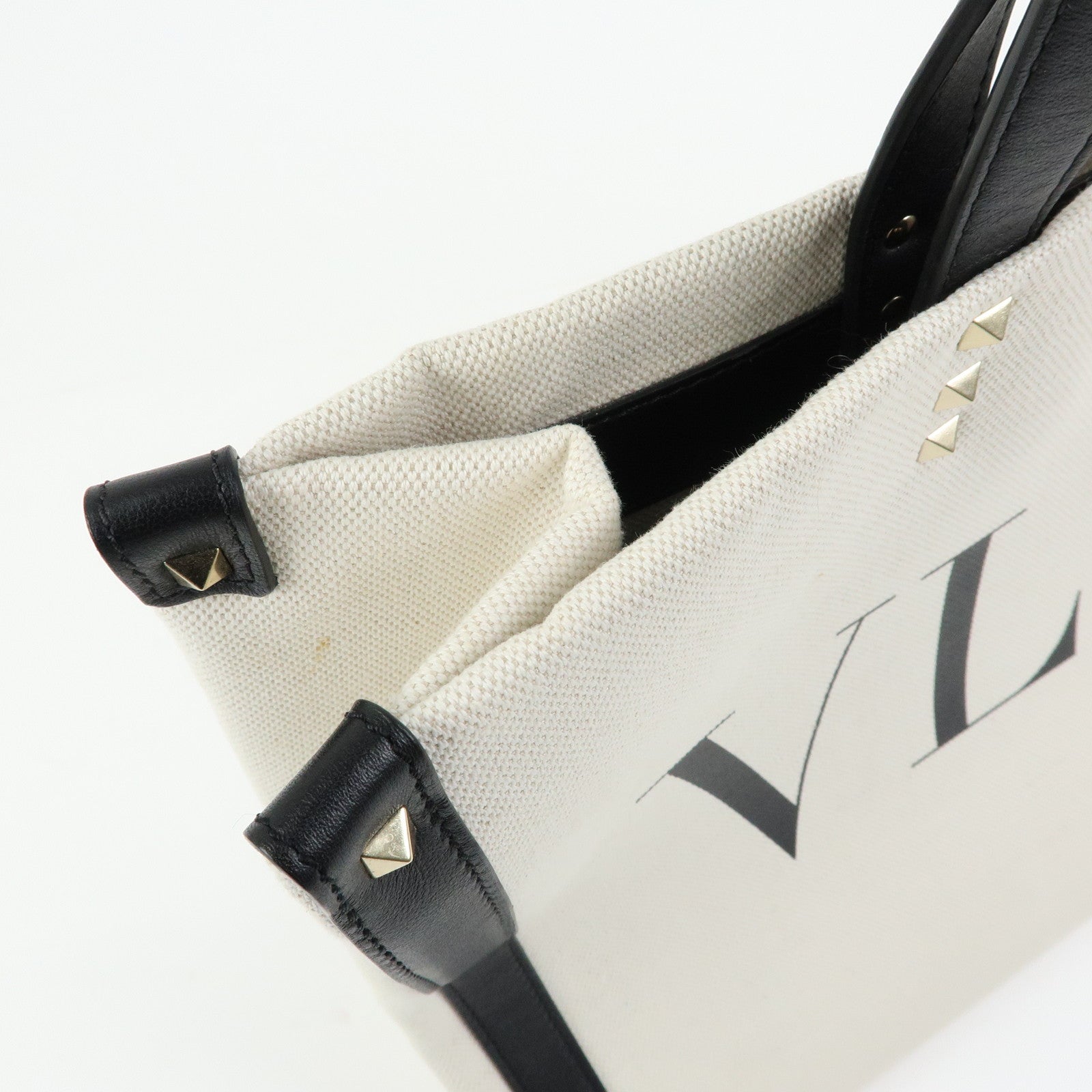 VALENTINO Rockstud Canvas Leather Tote Bag Hand Bag Natural Black