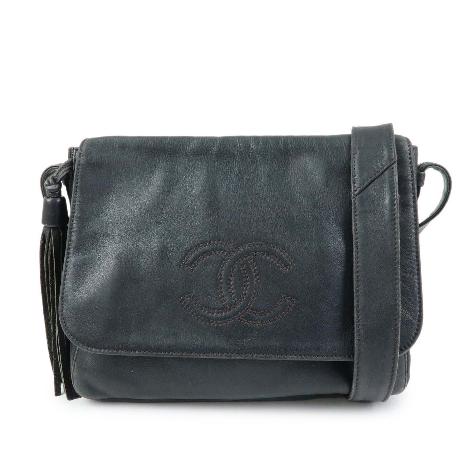 CHANEL Fringe COCO Mark Calf Leather Shoulder Crossbody Bag Black
