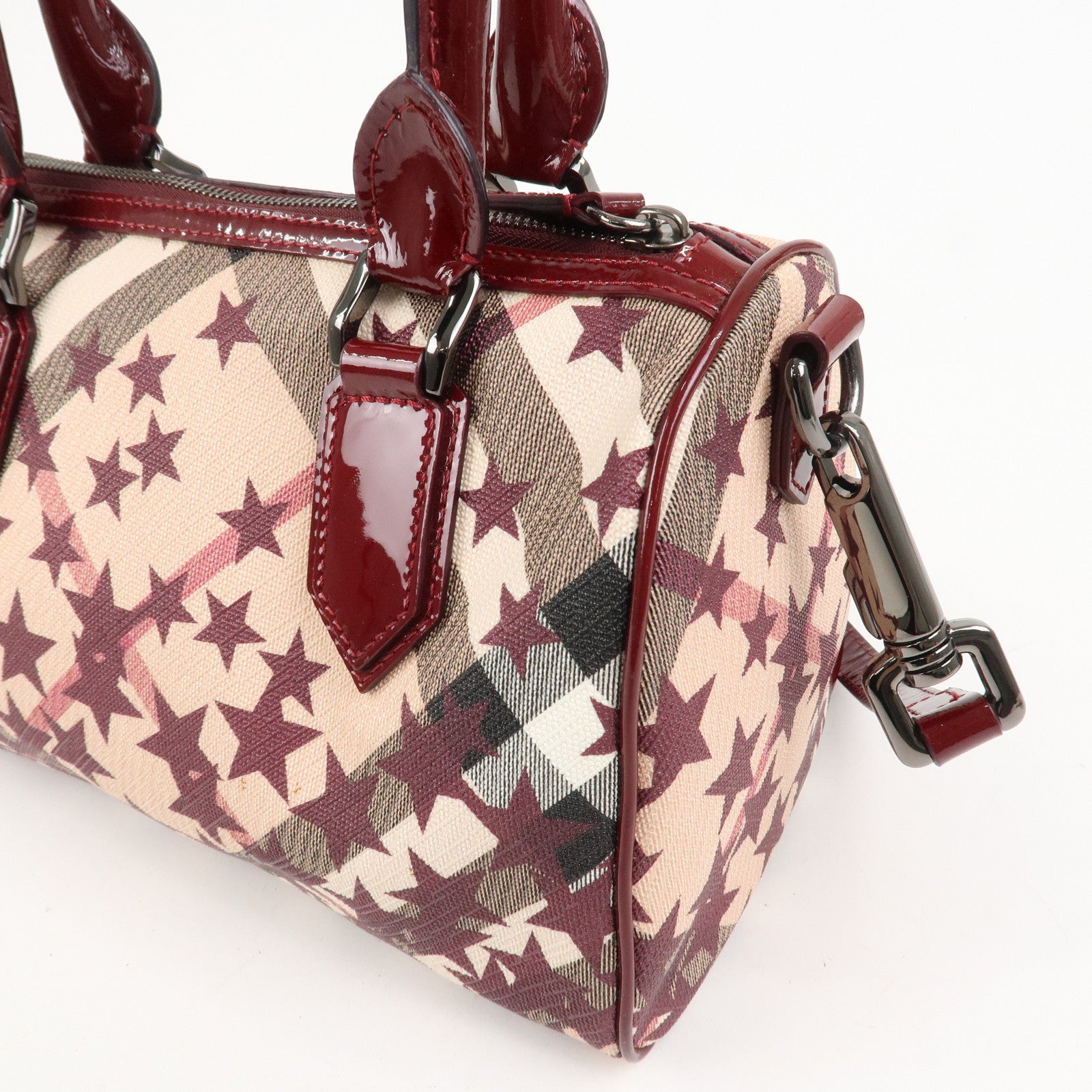 BURBERRY PVC Canvas Patent Leather Boston Bag Beige Bordeaux