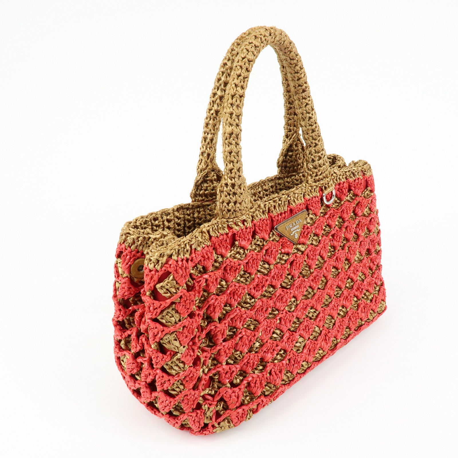 PRADA Triangle Logo Raffia 2Way Bag Hand Bag Shoulder Bag Red Brown