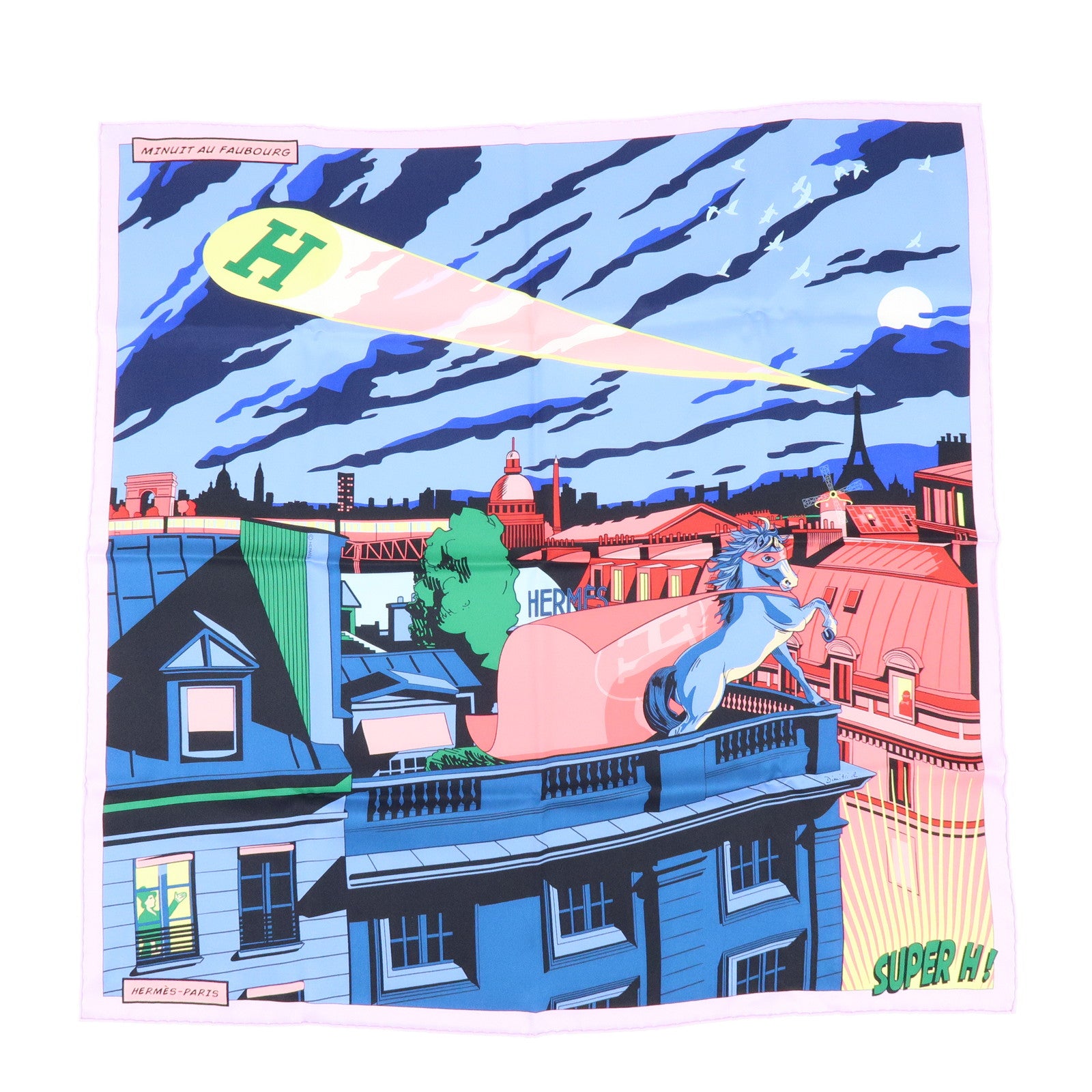 HERMES Carre 70 Silk 100% Scarf MINUIT AU FAUBOURG Blue Pink