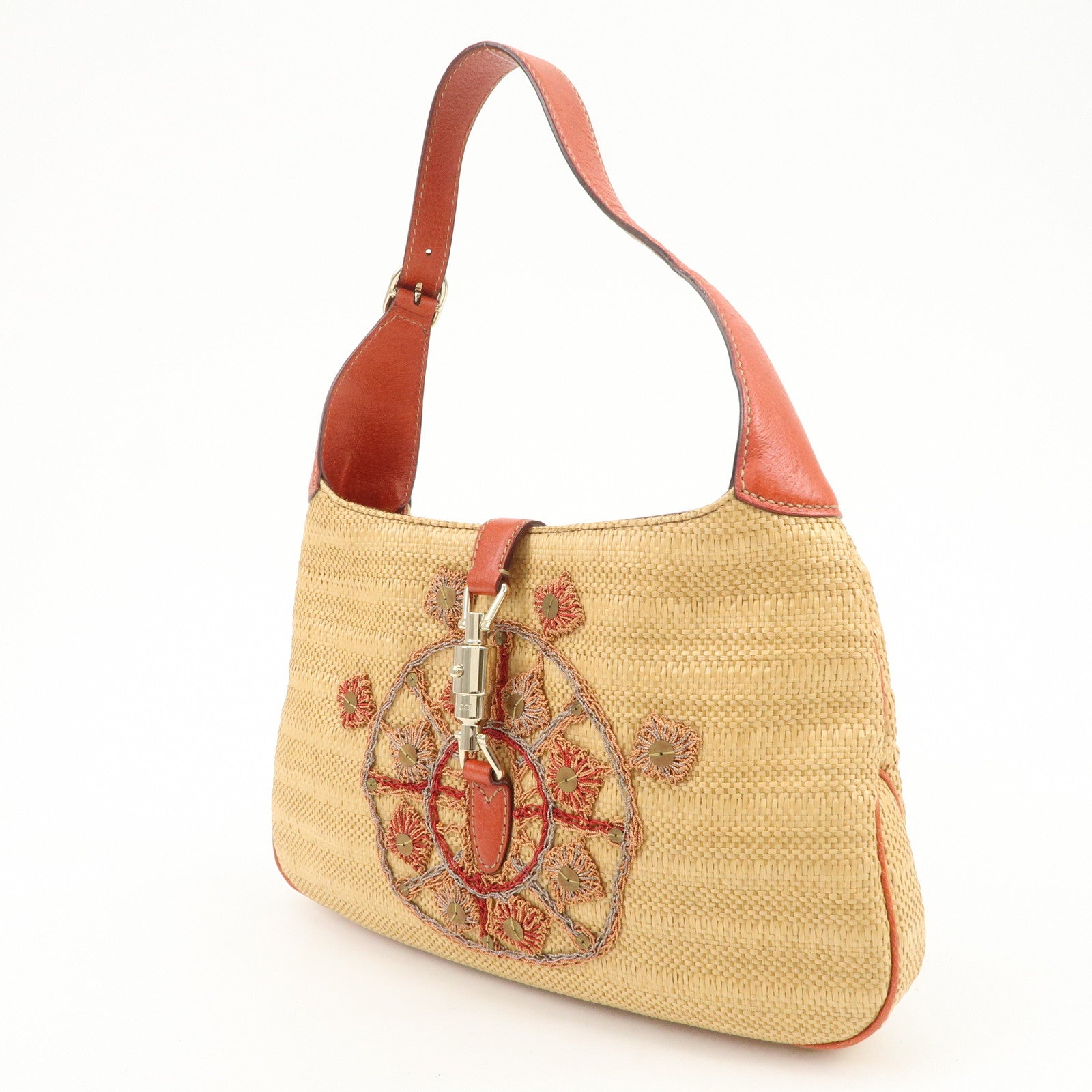 GUCCI New Jackie Raffia Leather Shoulder Bag Natural Orange 140040