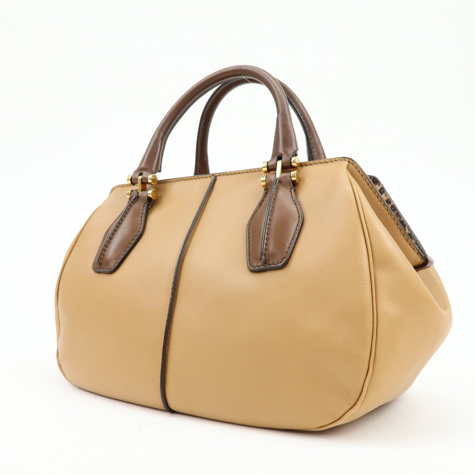 TOD'S Leather Calf Hair Bicolor Hand Bag Tote Bag Beige Brown