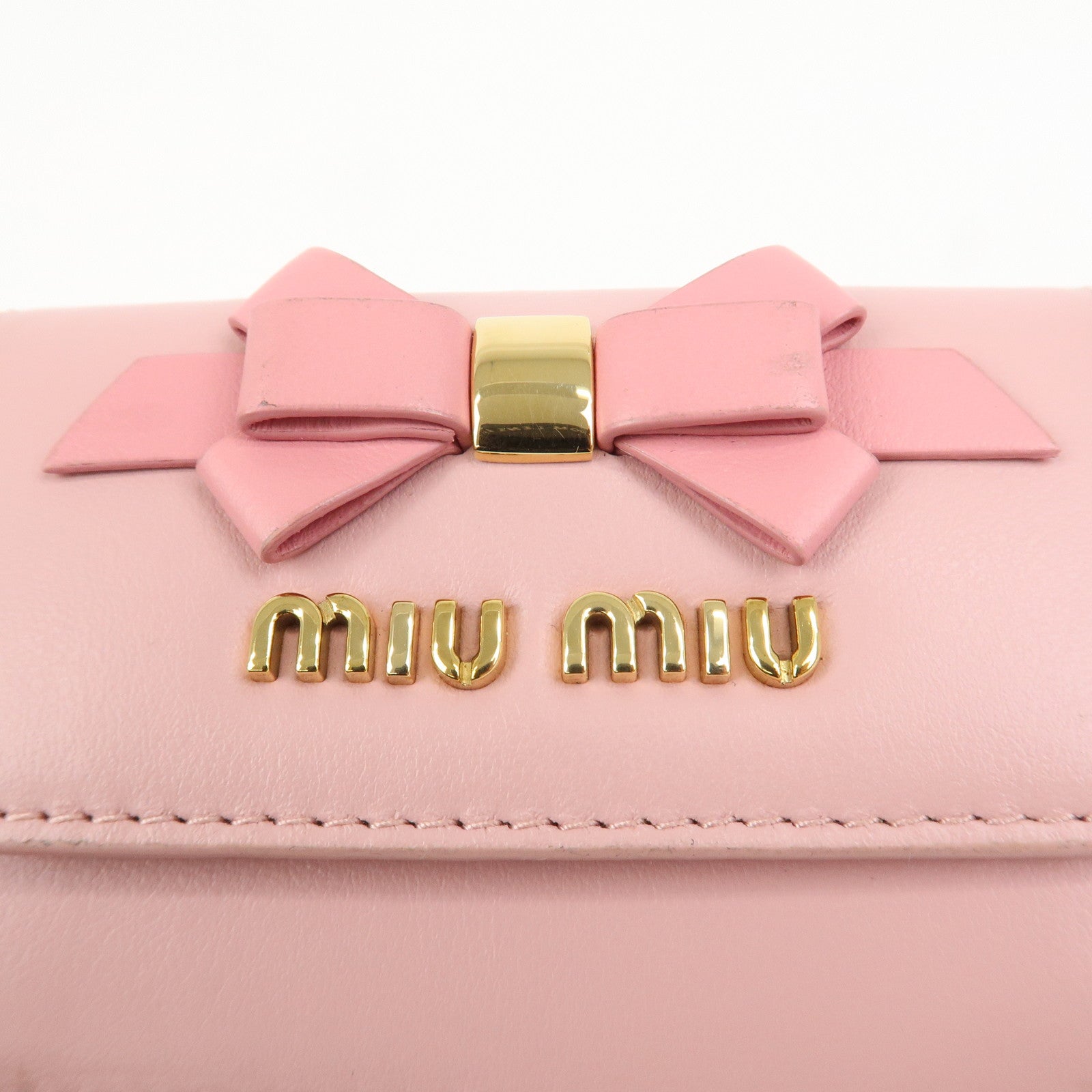 MIU MIU Logo Ribbon Tri-fold Wallet Compact Wallet Pink 5MH020