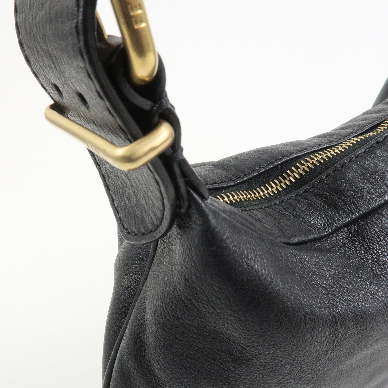 FENDI Logo Leather Shoulder Bag Hand Bag Black 8BR228